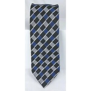 Fabio Fazio Mens Necktie Blue Gray Black Geometric Plaid Silk 60" X 3.75" **READ